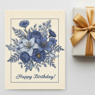 Postal Blue Flowers, Personalized Birthday Card for Mom