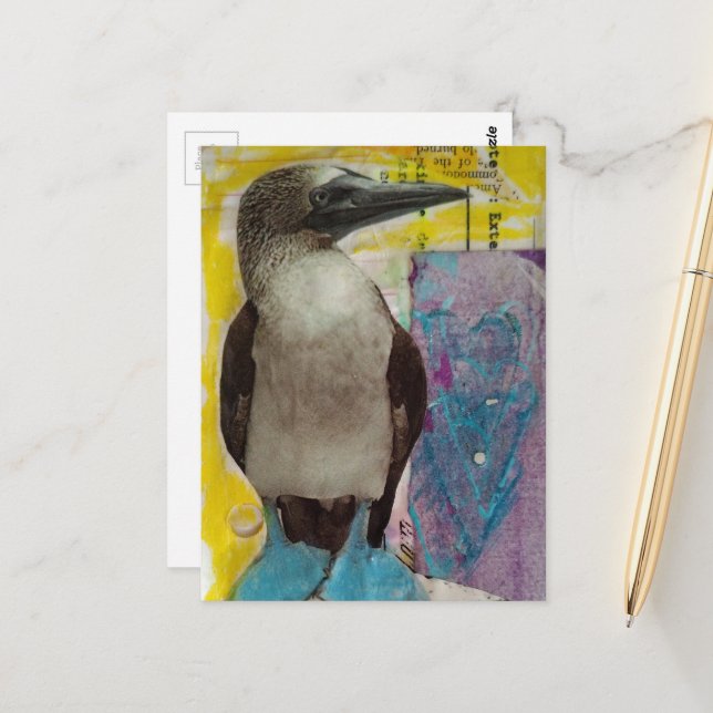 Postal Blue Footed Bird mixed media collage (Anverso/Reverso In Situ)