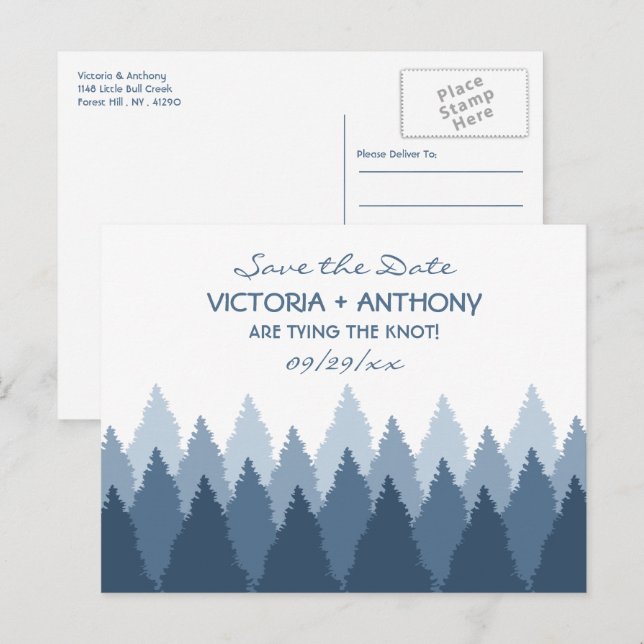 Postal Blue Forest Range Boda De Woodland Save The Date (Anverso / Reverso)