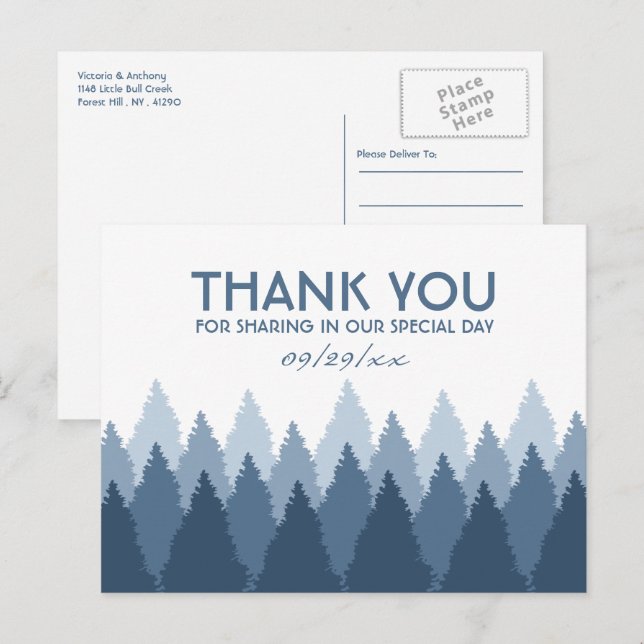 Postal Blue Forest Range Woodland Boda Gracias (Anverso / Reverso)