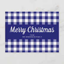 Blue Gingham Plaid Script Feliz Navidad