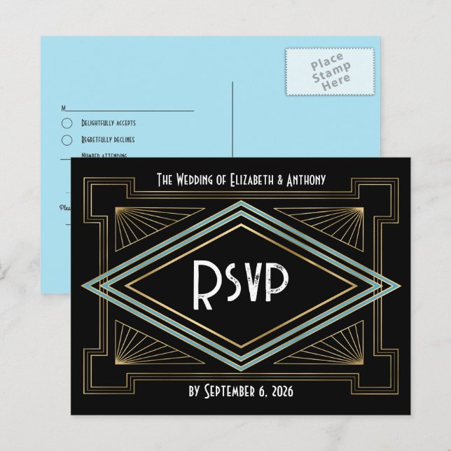 Postal Blue & Gold Art Deco Gatsby-Inspired Wedding (Anverso / Reverso)