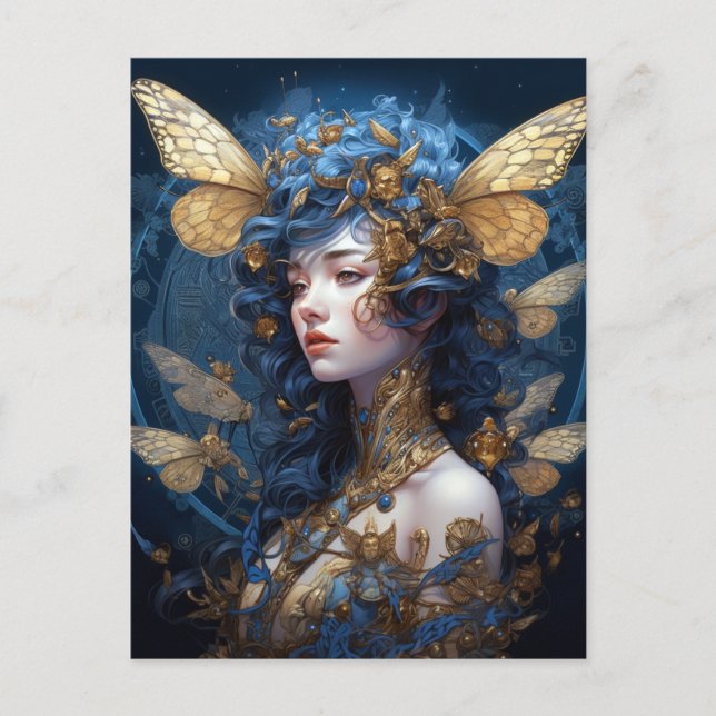 Postal Blue Gold Fairy Fantasy Art (Anverso)