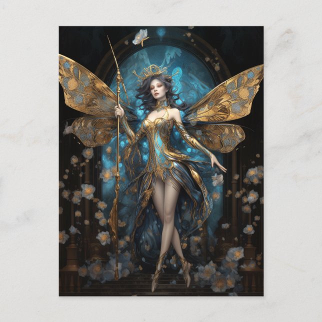 Postal Blue Gold Fairy Fantasy Art (Anverso)