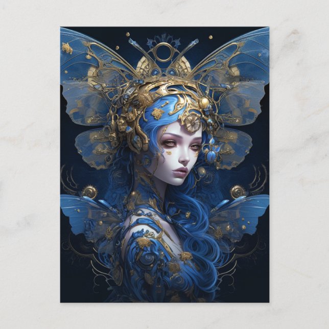 Postal Blue Gold Fairy Fantasy Art (Anverso)