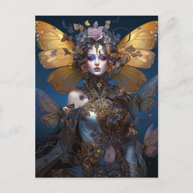Postal Blue Gold Fairy Fantasy Art (Anverso)