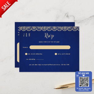 Postal Blue Gold Lace Wedding RSVP Para Coincidir Con Inv