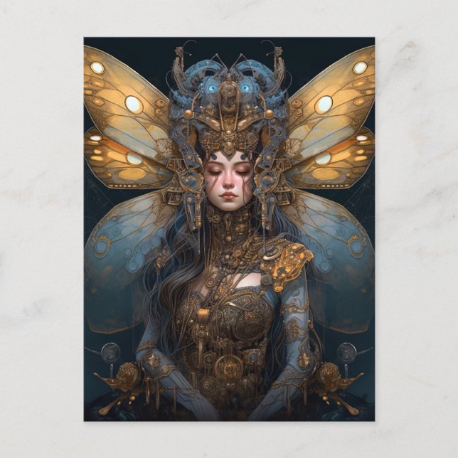 Postal Blue Gold Robot Techno Fairy Fantasy Art (Anverso)