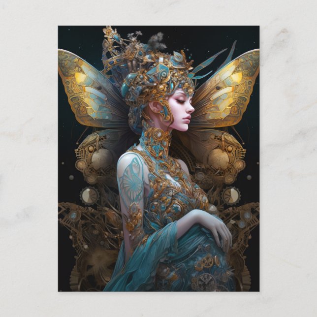 Postal Blue Gold Techno Butterfly Mujeres Fantasía Art (Anverso)