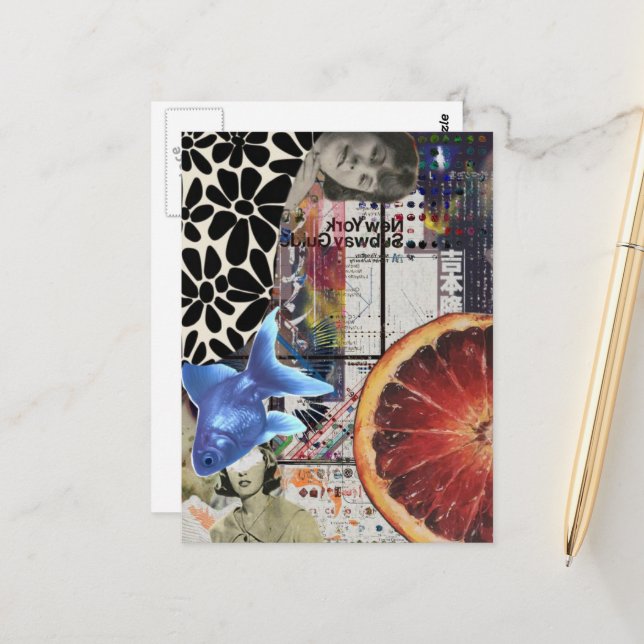 Postal Blue Goldfish Mixed Media Collage (Anverso/Reverso In Situ)