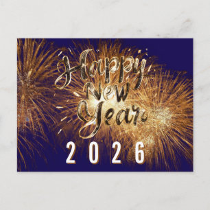 Postal Blue Happy año 2026 detalles de oro fuegos artific