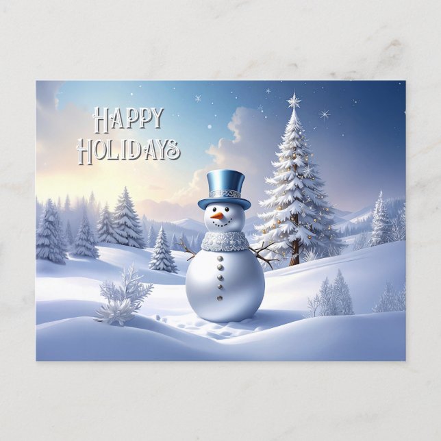 Postal Blue Hat Snowman Christmas Tree Holiday Postcard (Anverso)