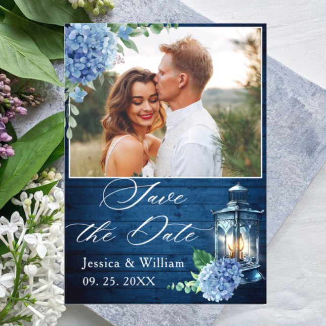 Postal Blue hidrangea Lantern PHOTO Wedding Save the Date (Subido por el creador)