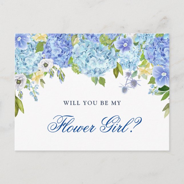 Postal Blue Hydrangea Floral Will You Be My Flower Girl (Anverso)