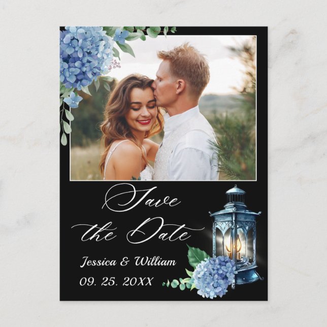 Postal Blue Hydrangea Lantern PHOTO Wedding Save the Date (Anverso)