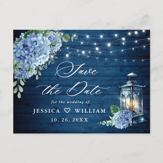 Postal Blue Hydrangea Lantern Wedding Save the Date (Anverso)