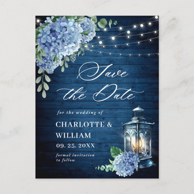 Postal Blue Hydrangea Lantern Wedding Save the Date (Anverso)