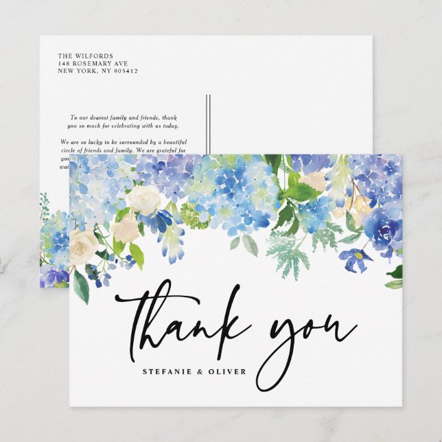 Postal Blue Hydrangea Winter Floral Boda Gracias (Anverso / Reverso)