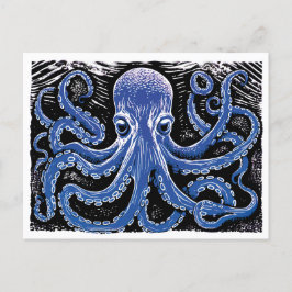 Postal Blue Kraken Linocut en el océano