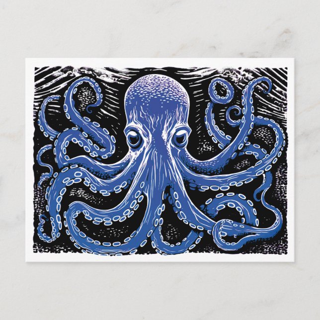 Postal Blue Kraken Linocut en el océano (Anverso)