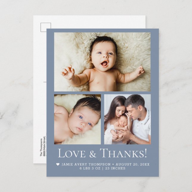 Postal Blue Love and Thanks Baby Photo Birth announcement (Anverso / Reverso)