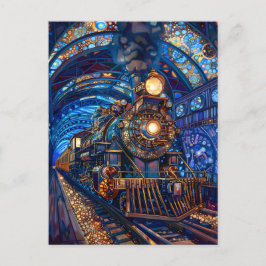 Postal Blue Magical Steampunk Train Loco Faux Mosaic 065