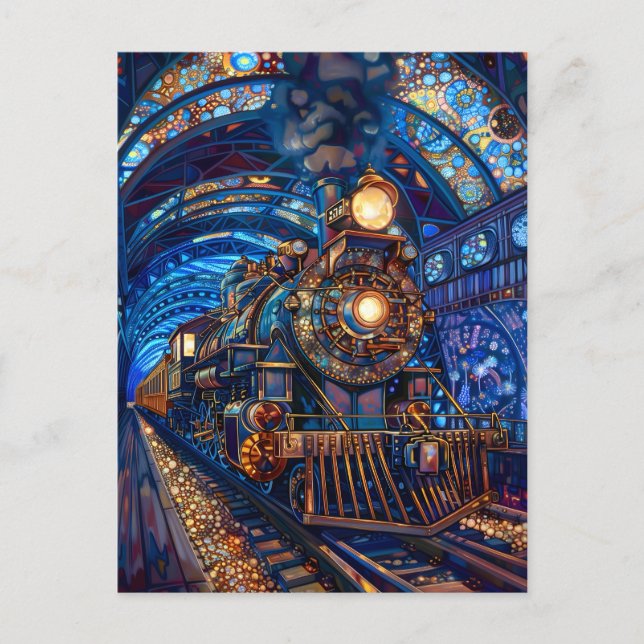 Postal Blue Magical Steampunk Train Loco Faux Mosaic 065 (Anverso)