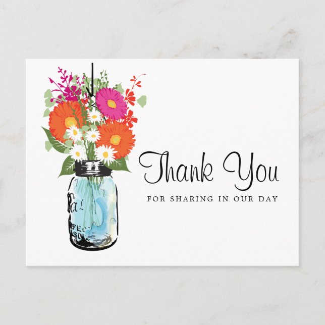 Postal Blue Mason Jar y Gerber Daisies Gracias (Anverso)