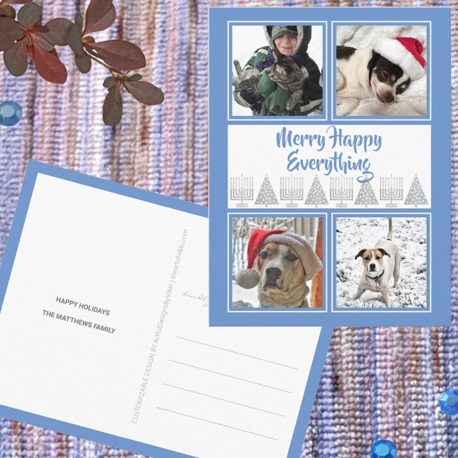 Postal Blue Merry Happy 4 Foto Navidades de Hanukkah (It's simple to add your photos and custom text to these Christmas and Hanukkah interfaith postcards)