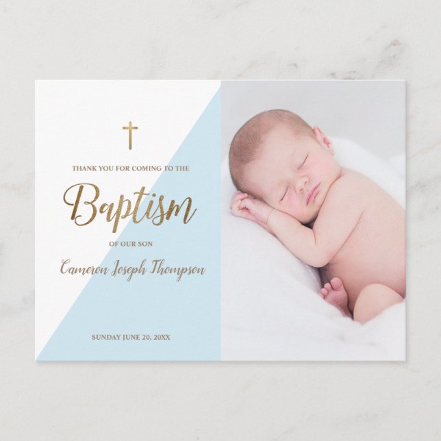 Postal Blue Modern Baby Boy Photo Baptism Gracias (Anverso)