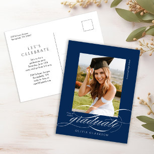 Postal Blue Modern Elegant Script Photo Graduation Party