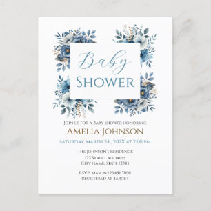 Postal Blue Modern Floral Watercolor Baby Shower