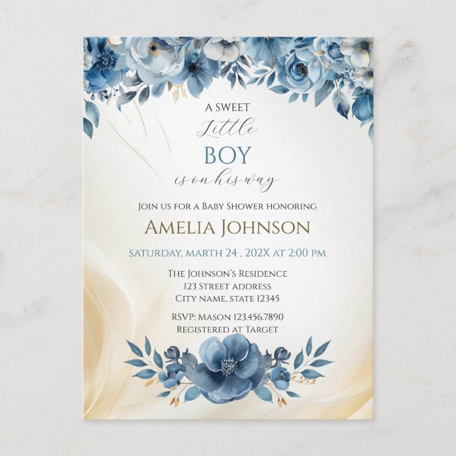 Postal Blue Modern Floral Watercolor Baby Shower (Anverso)