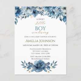 Postal Blue Modern Floral Watercolor Baby Shower