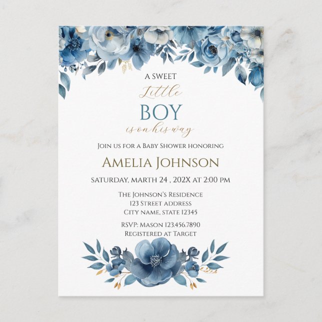 Postal Blue Modern Floral Watercolor Baby Shower (Anverso)