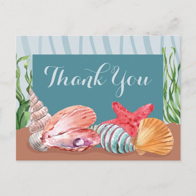 Postal Blue Nautical Seashell Beach Wedding Gracias (Anverso)