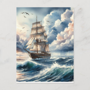 Postal Blue Ocean Wave Boat Watercolor