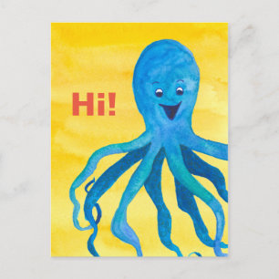 Postal Blue Octopus Yellow Hello