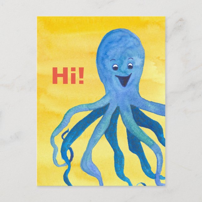 Postal Blue Octopus Yellow Hello (Anverso)