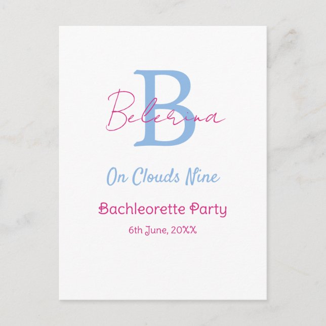 Postal blue pink on clouds nine monogram bachelorette par (Anverso)