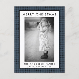 Postal Blue Plaid Photo Merry Christmas Card