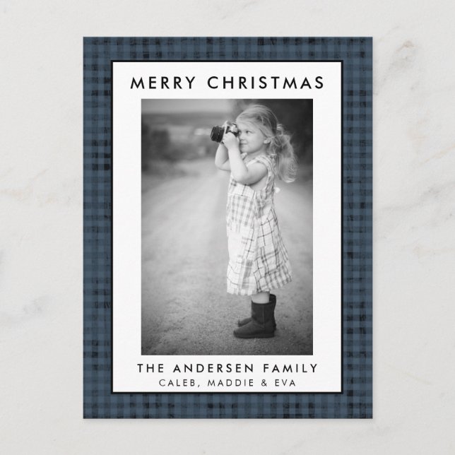 Postal Blue Plaid Photo Merry Christmas Card (Anverso)