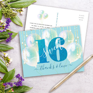 Postal Blue Purpurina Sweet 16 Birthday Balloon Gracias