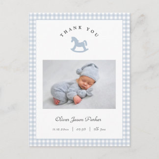 Postal Blue Rocking horse Gingham Boy Birth Announcement