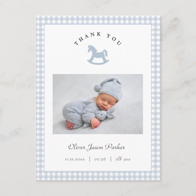 Postal Blue Rocking horse Gingham Boy Birth Announcement (Anverso)
