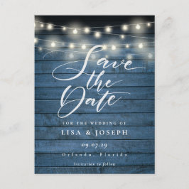 Postal Blue Rustic String Lights QR Code Save the Date