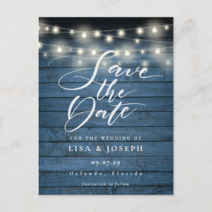 Postal Blue Rustic String Lights QR Code Save the Date