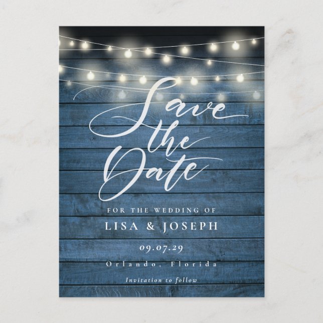 Postal Blue Rustic String Lights QR Code Save the Date (Anverso)