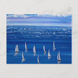 Postal Blue Sailing Sailboat Folk Art Post Card