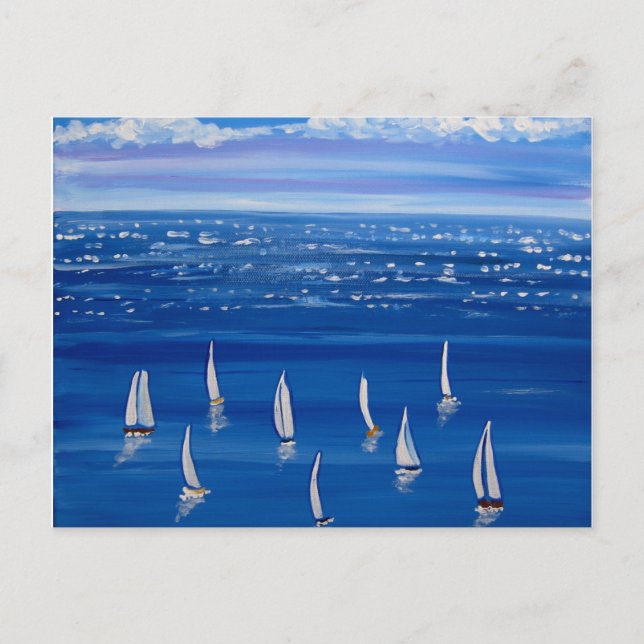 Postal Blue Sailing Sailboat Folk Art Post Card (Anverso)